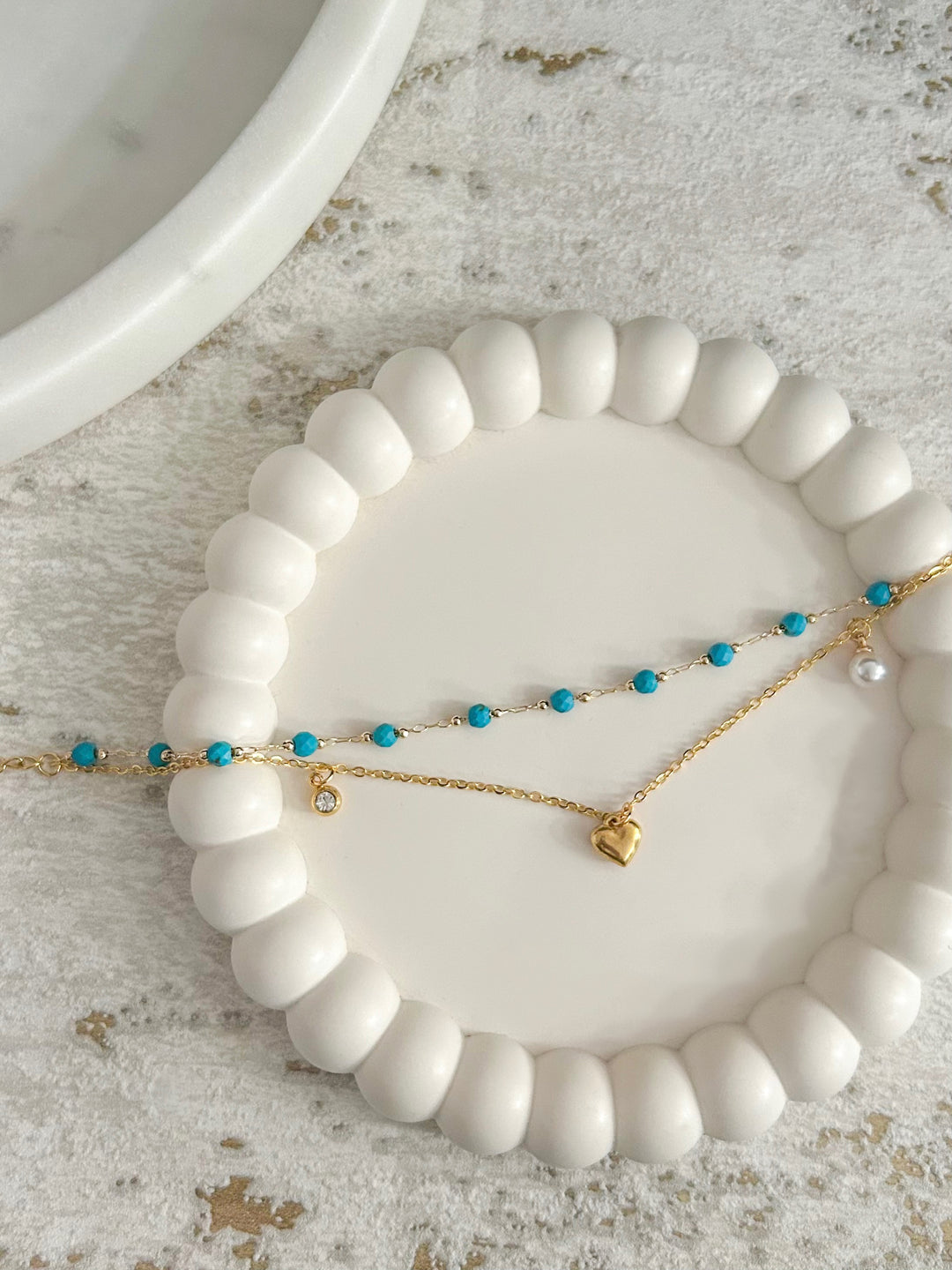 Gold Heart Pearl Diamante Charm Double Layer Blue Bead Anklet