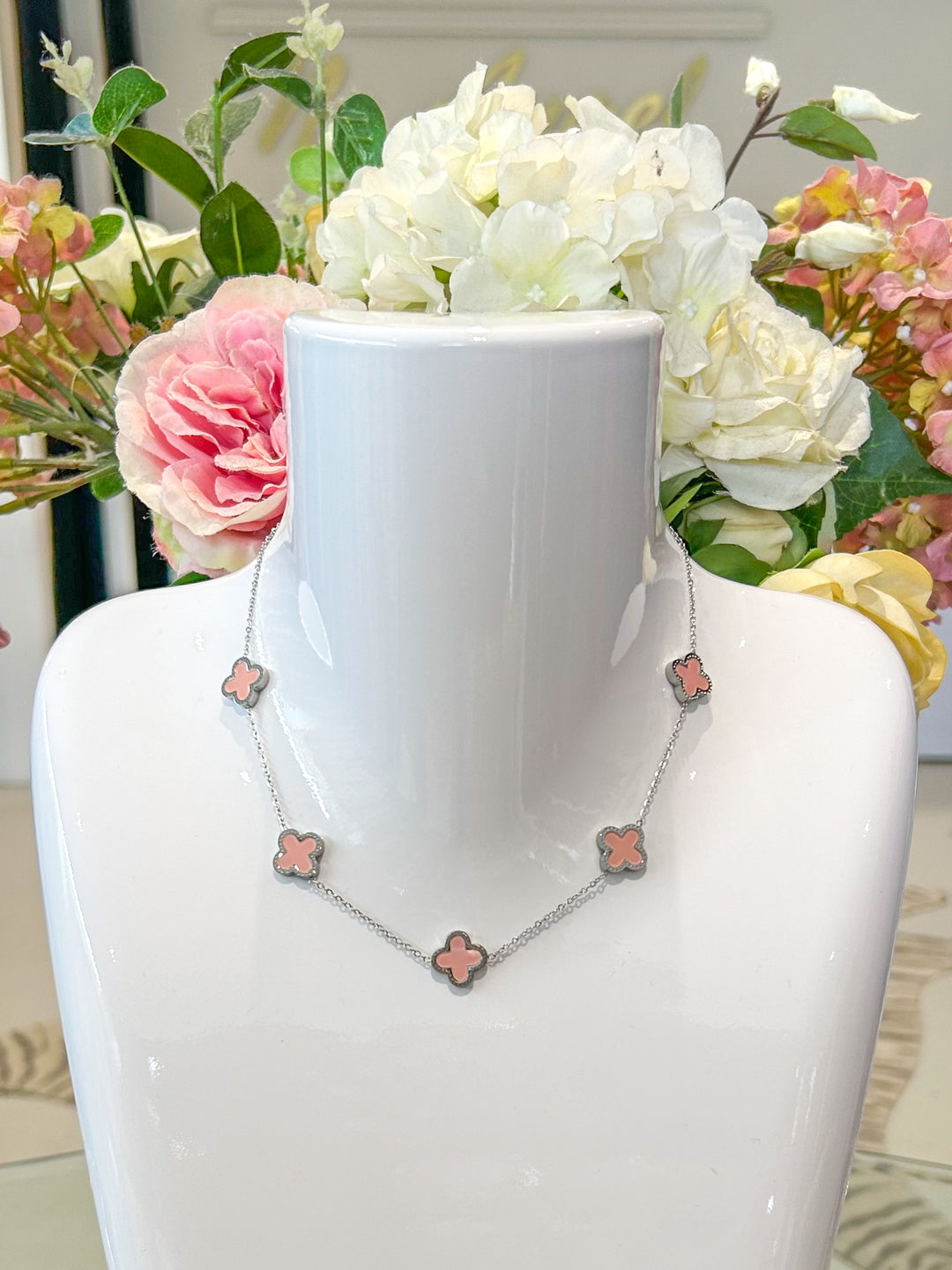 5 Pink Clover Flower Necklace