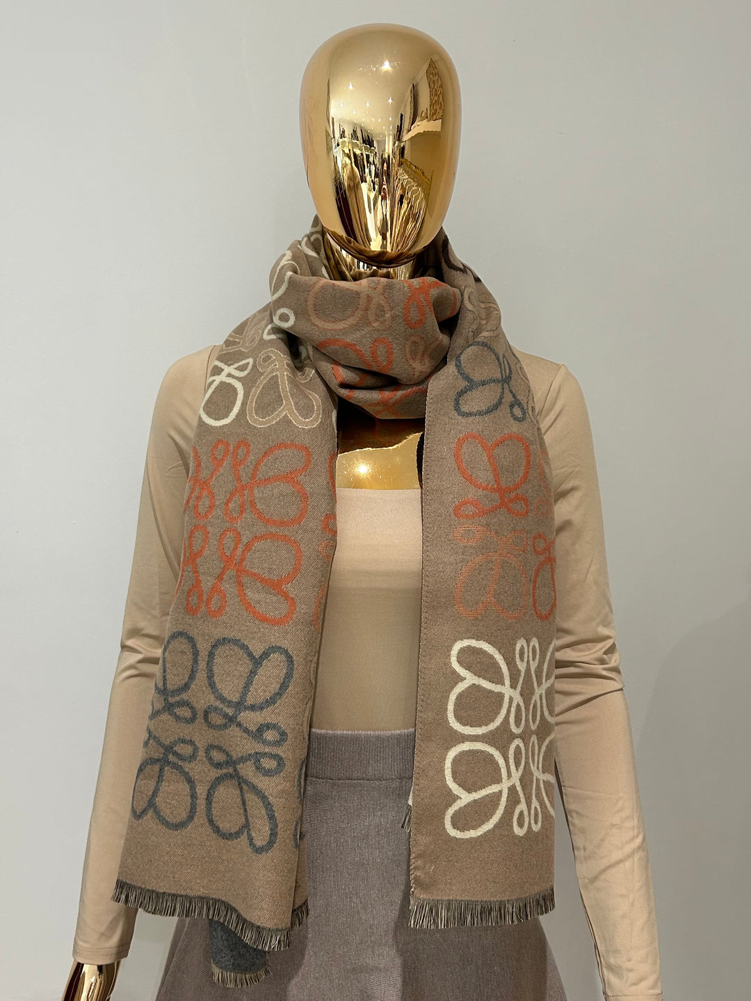 Taupe Reversible Loopy Printed Frayed Edge Scarf