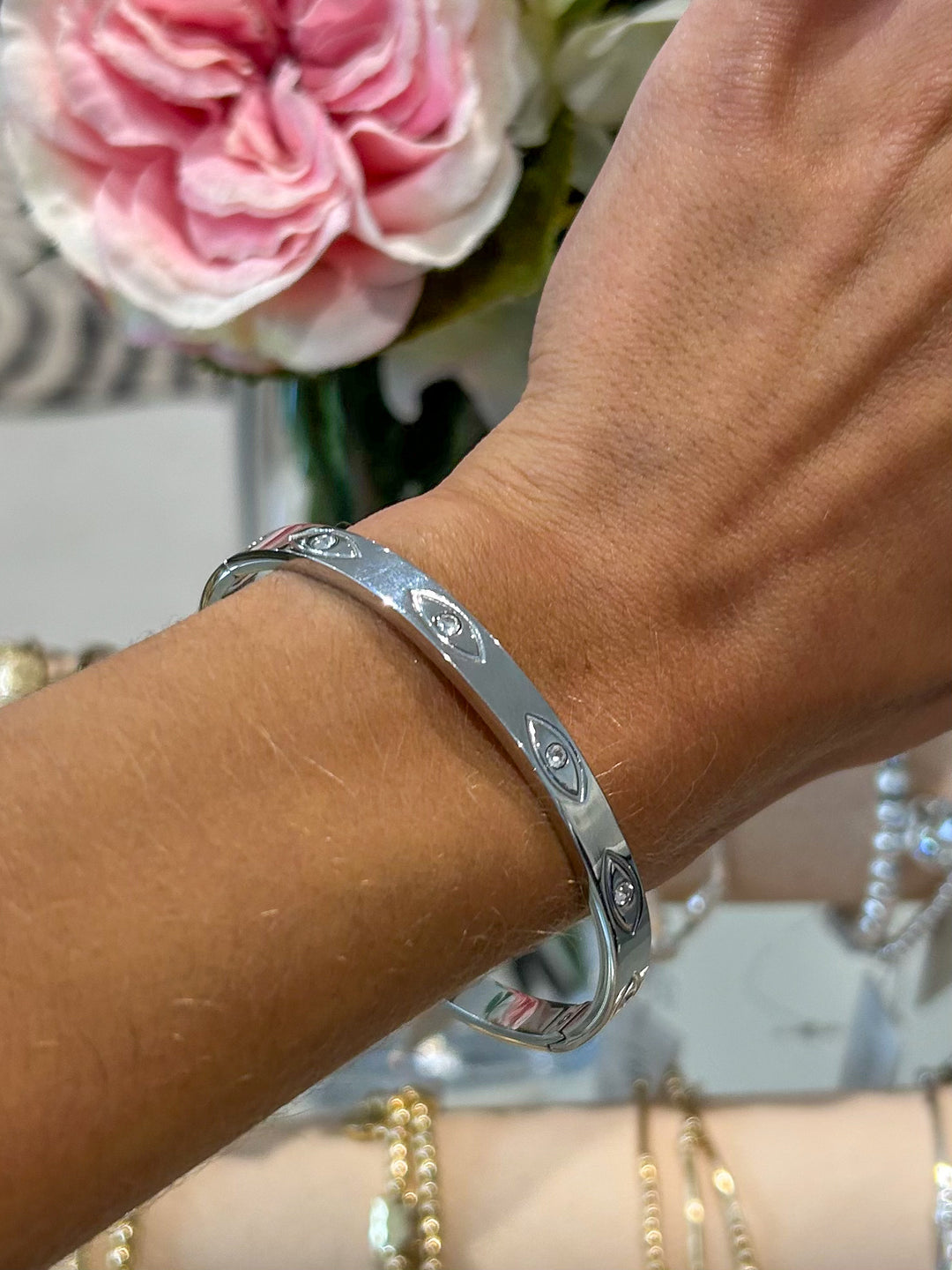 Silver Evil Eye Diamante Bangle