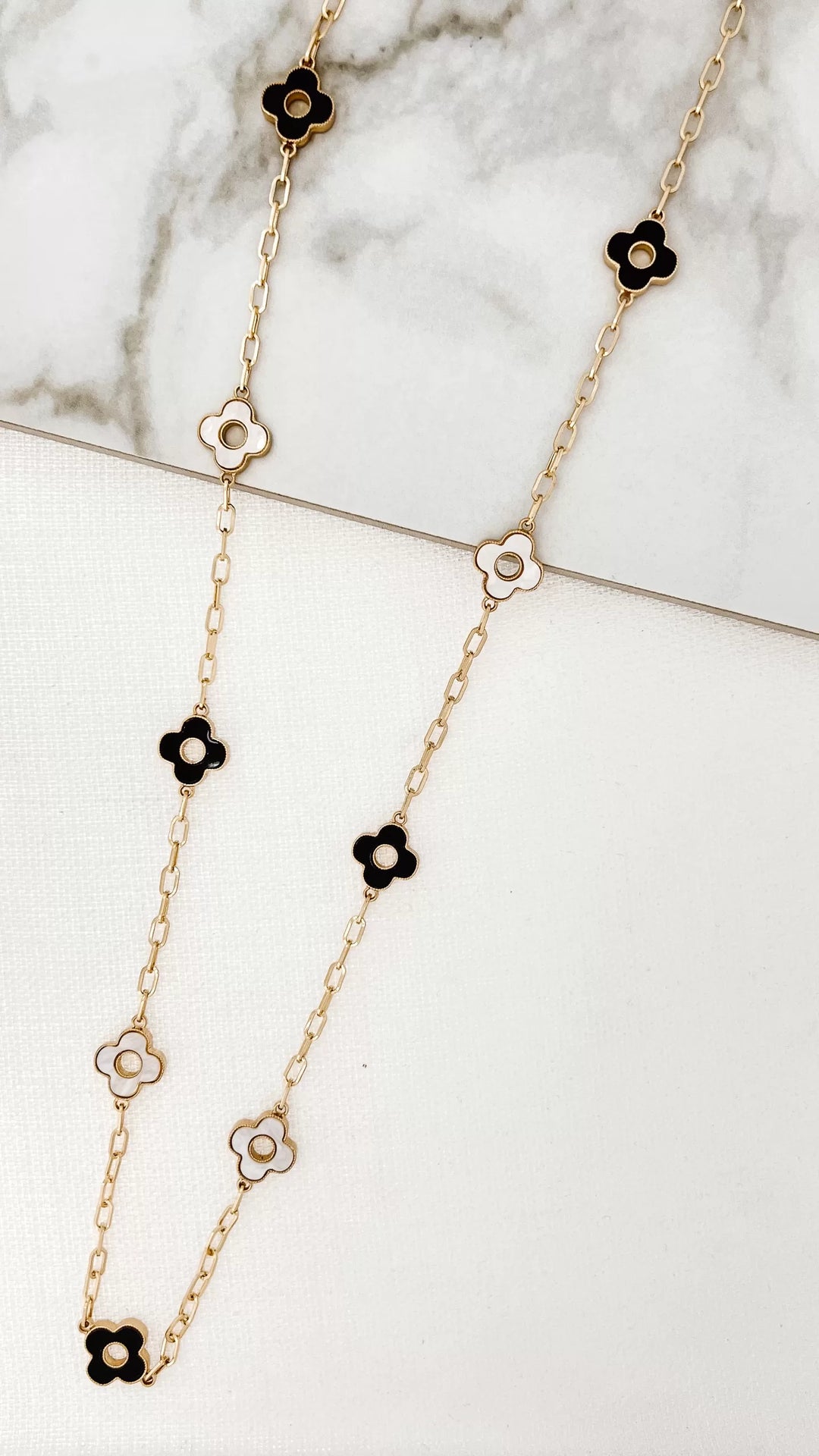Long Gold Necklace With Black And White Fleurs 6923