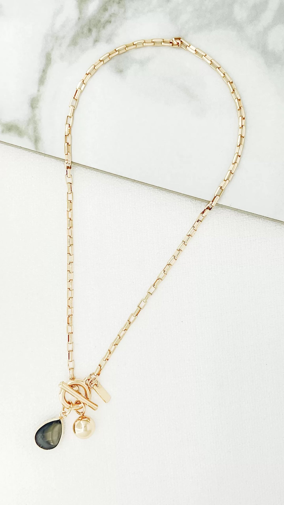 Short Gold Link T-Bar Necklace With Grey Crystal Teardrop Pendant 6891
