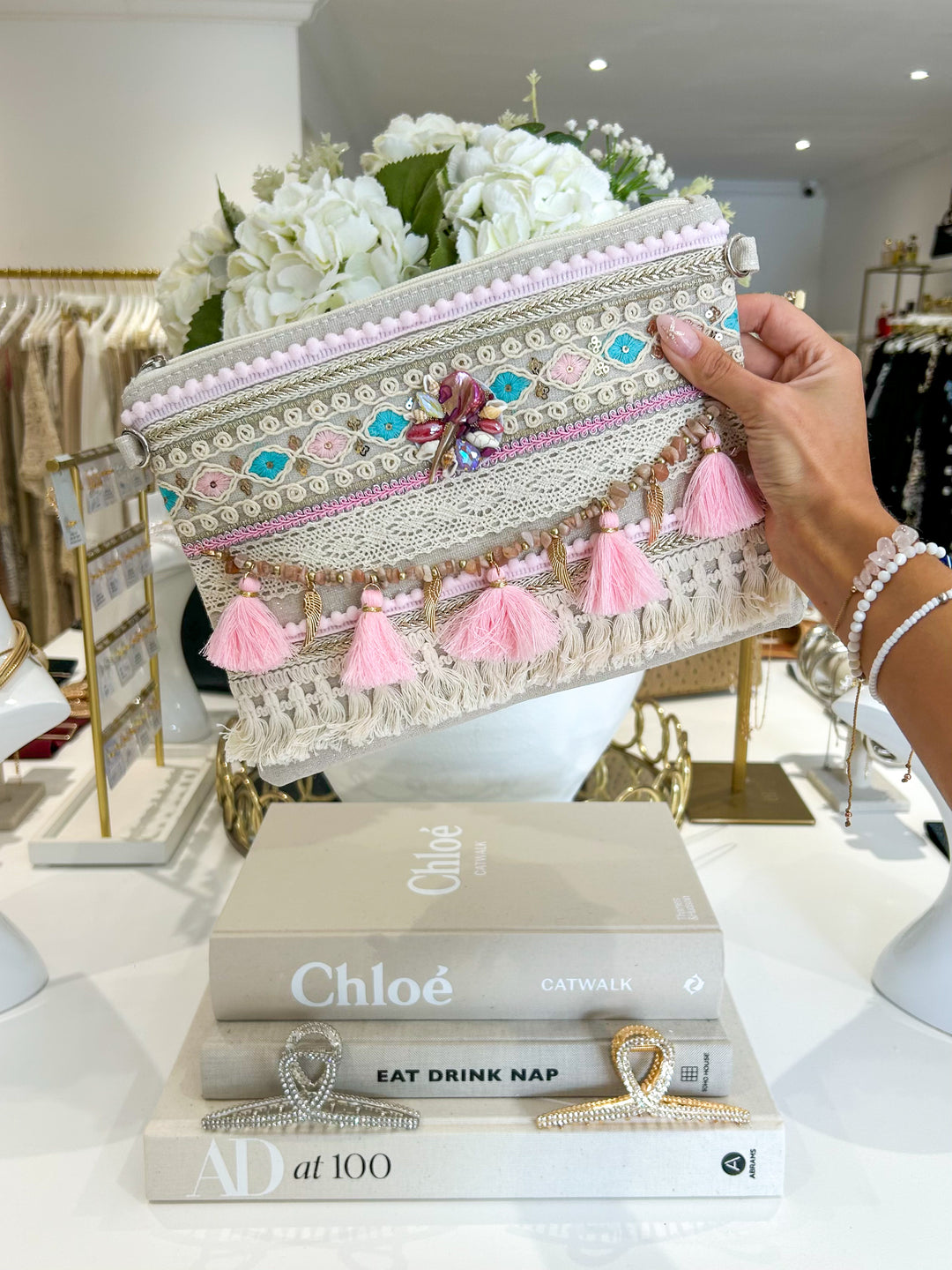 Pink Tassel Beaded Detail Clutch Bag