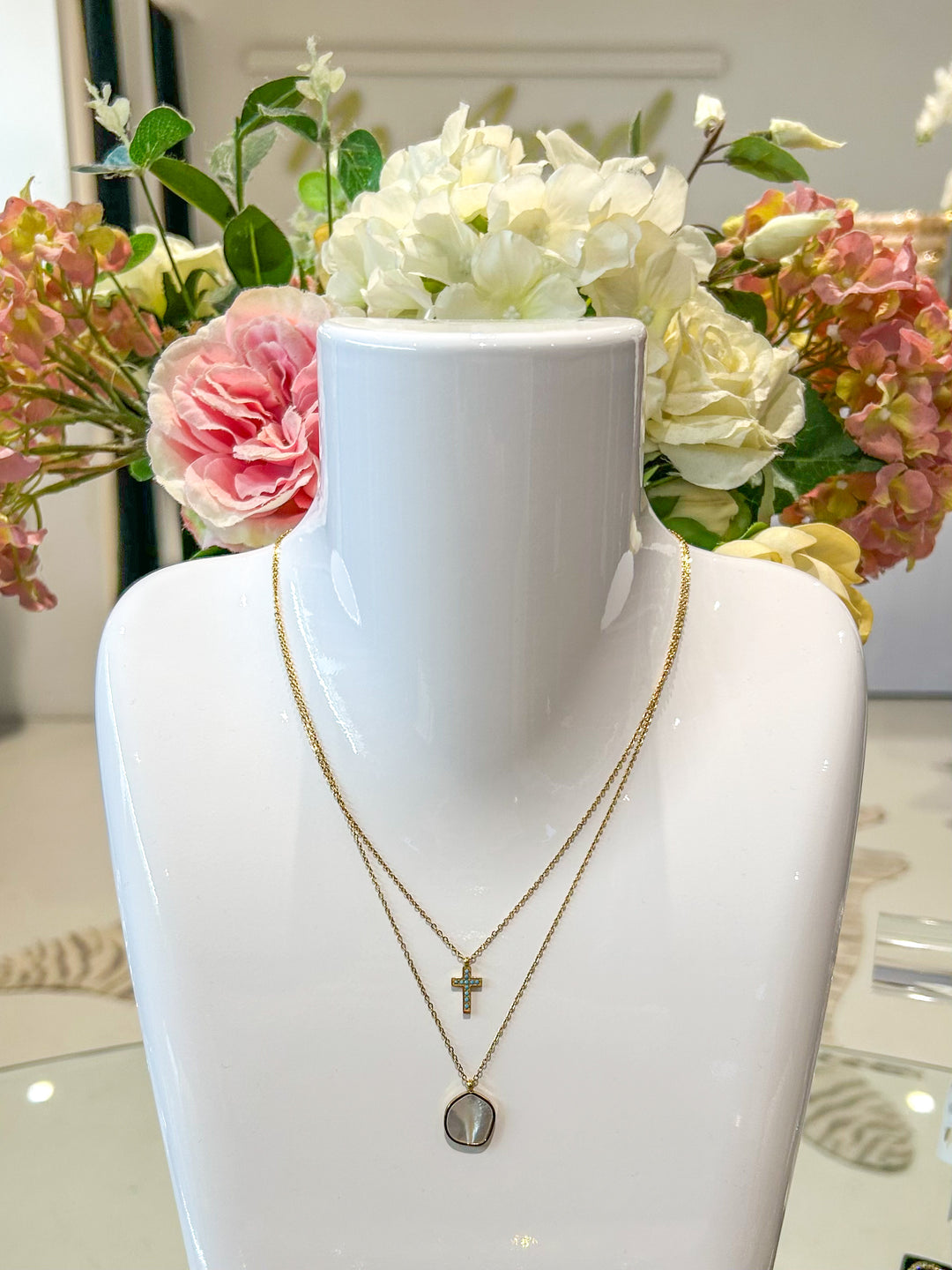 Double Layered Gold Cross Necklace With Pearl Stone