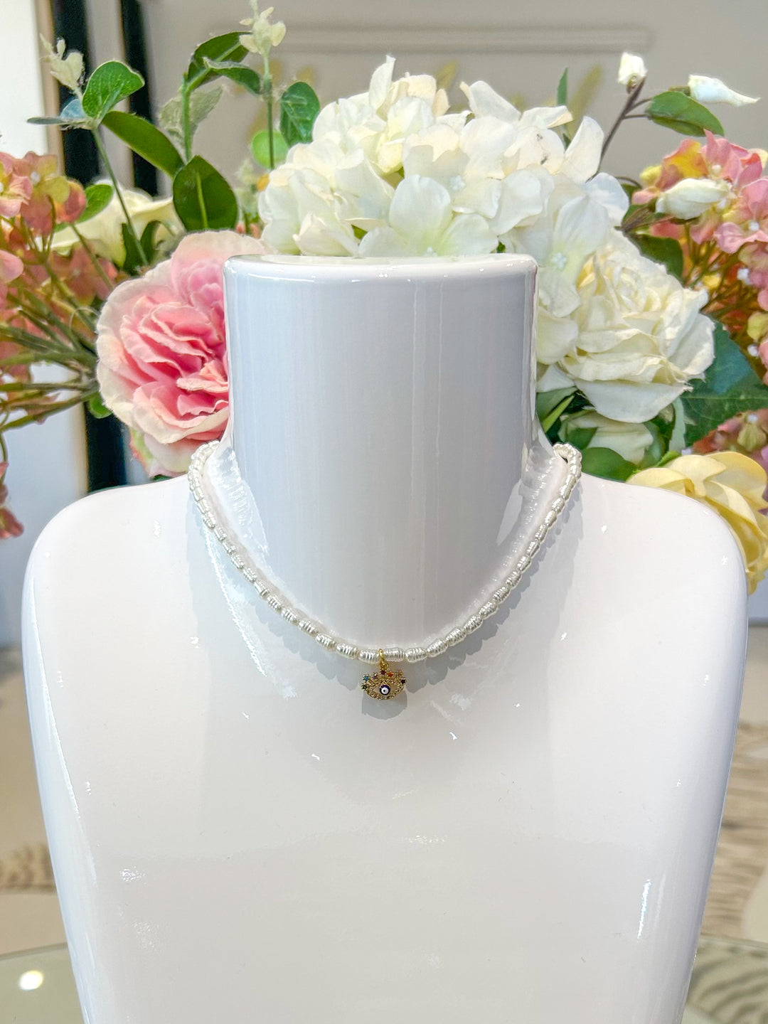Pearl Beaded Evil Eye Charm Necklace