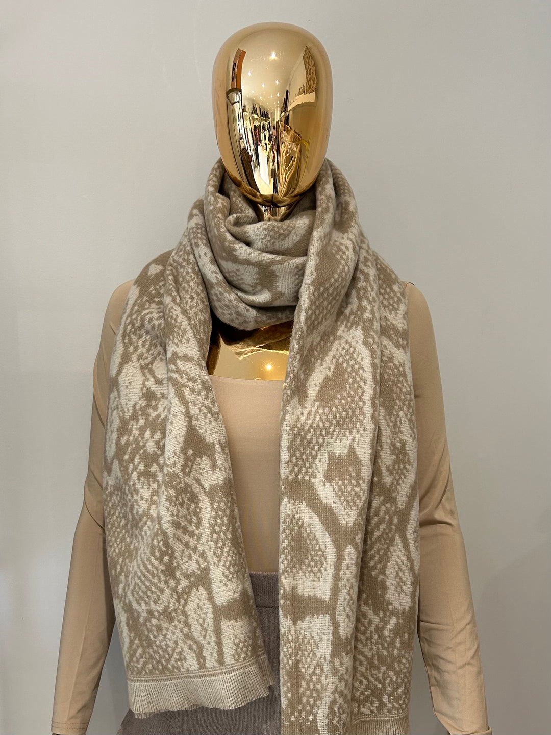 Beige And White Print Frayed Edge Scarf