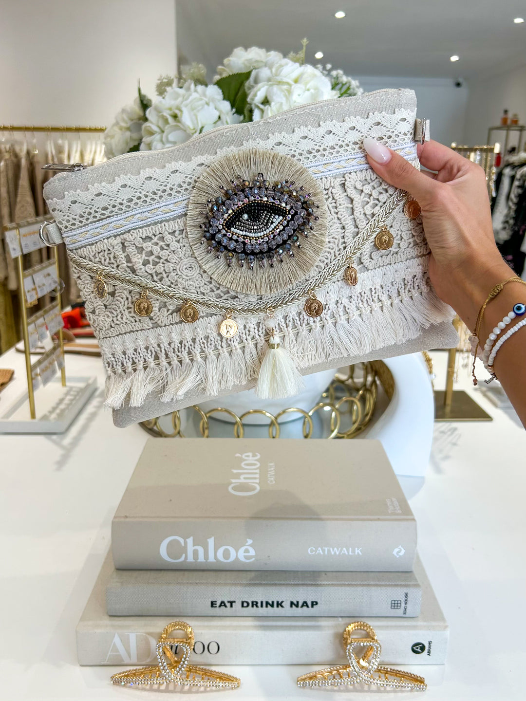 Jewelled Beaded Eye Detail Clutch Bag