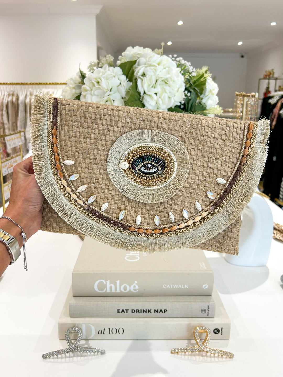 Neutral Beaded Evil Eye Clutch Bag