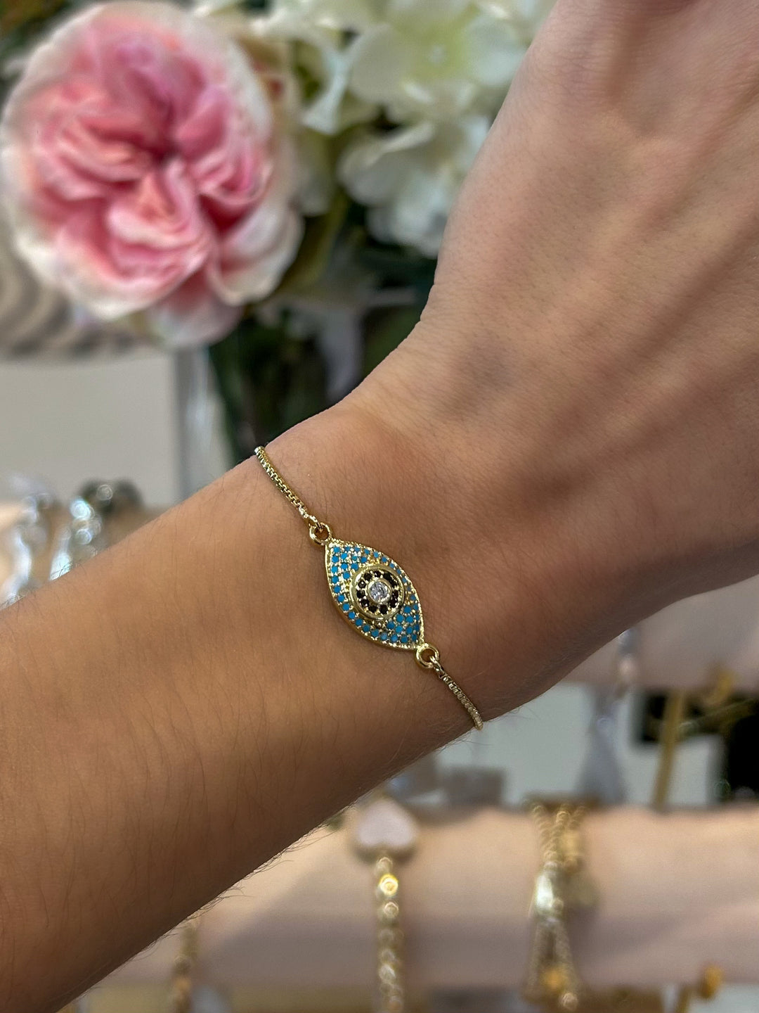 Gold Blue Evil Eye Adjustable Bracelet