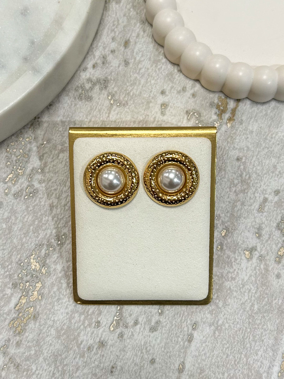 Gold Round Pearl Detail Stud Earrings