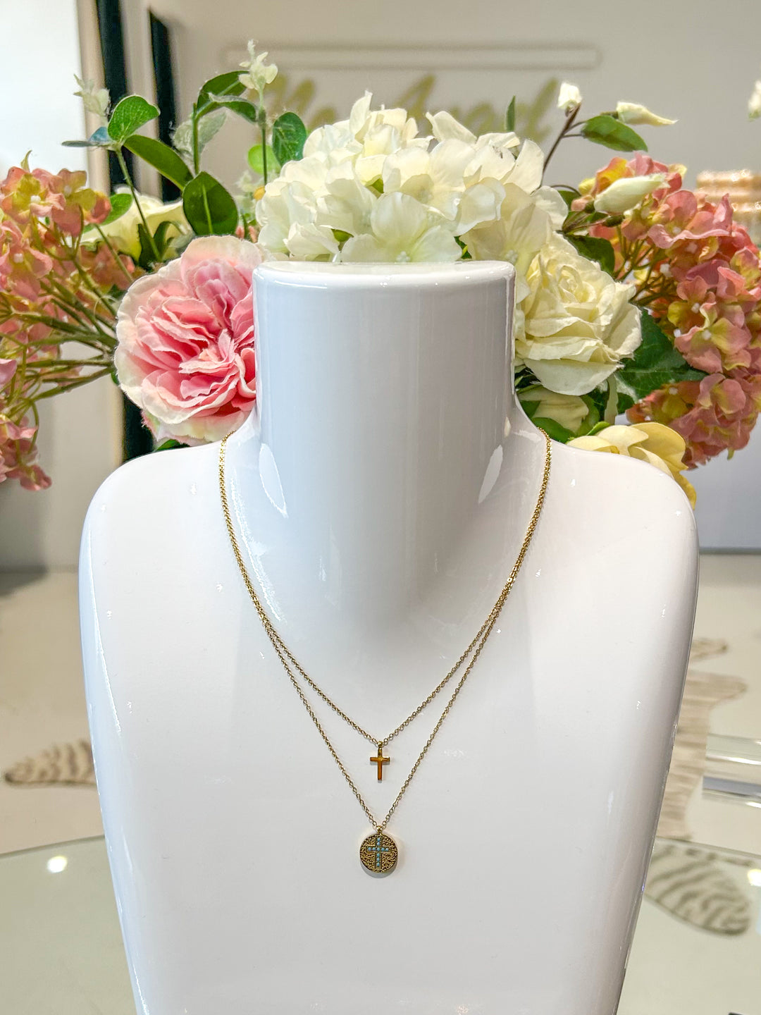 Double Layered Gold Necklace With Turquoise Diamante Cross Detail