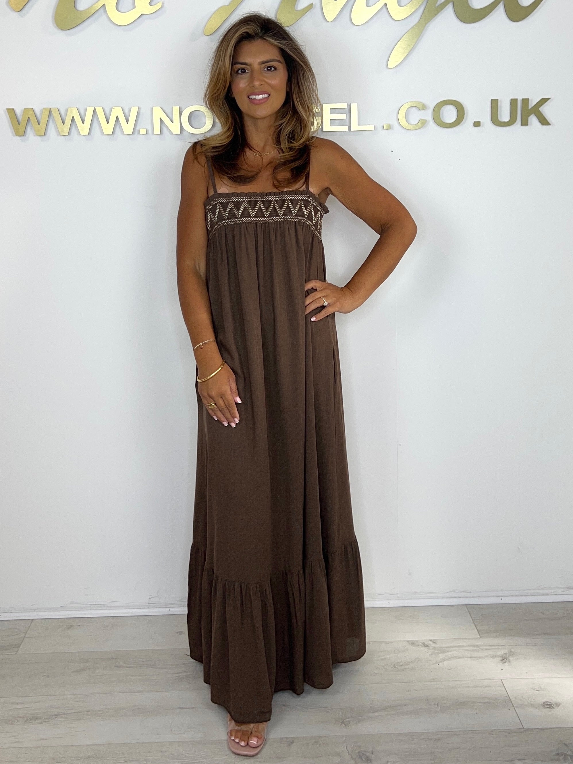 Brown Spaghetti Strap Embroidery Detail Tiered Maxi Dress – No Angel