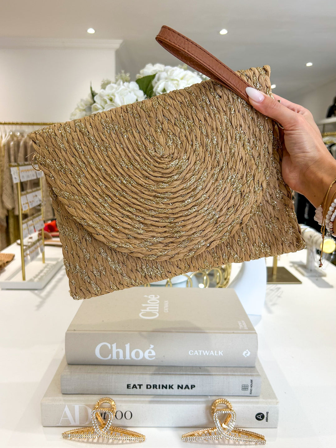 Camel Woven Gold Fleck Detail Clutch Bag