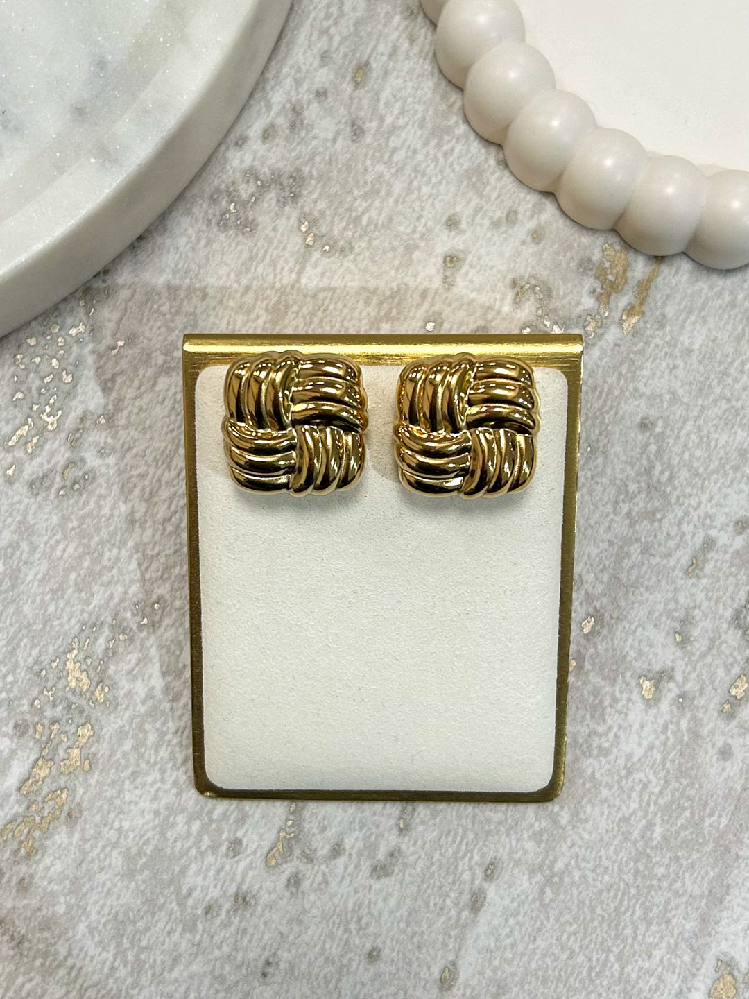 Gold Square Woven Detail Stud Earrings