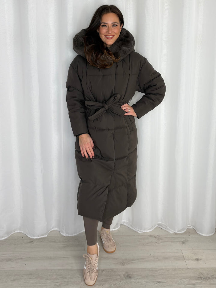 Longline Faux Fur Hooded Belted Puffer Coat