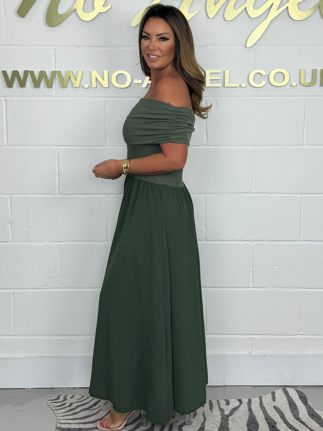 Flared Ribbed Top Fold Over Bardot Midi Dress