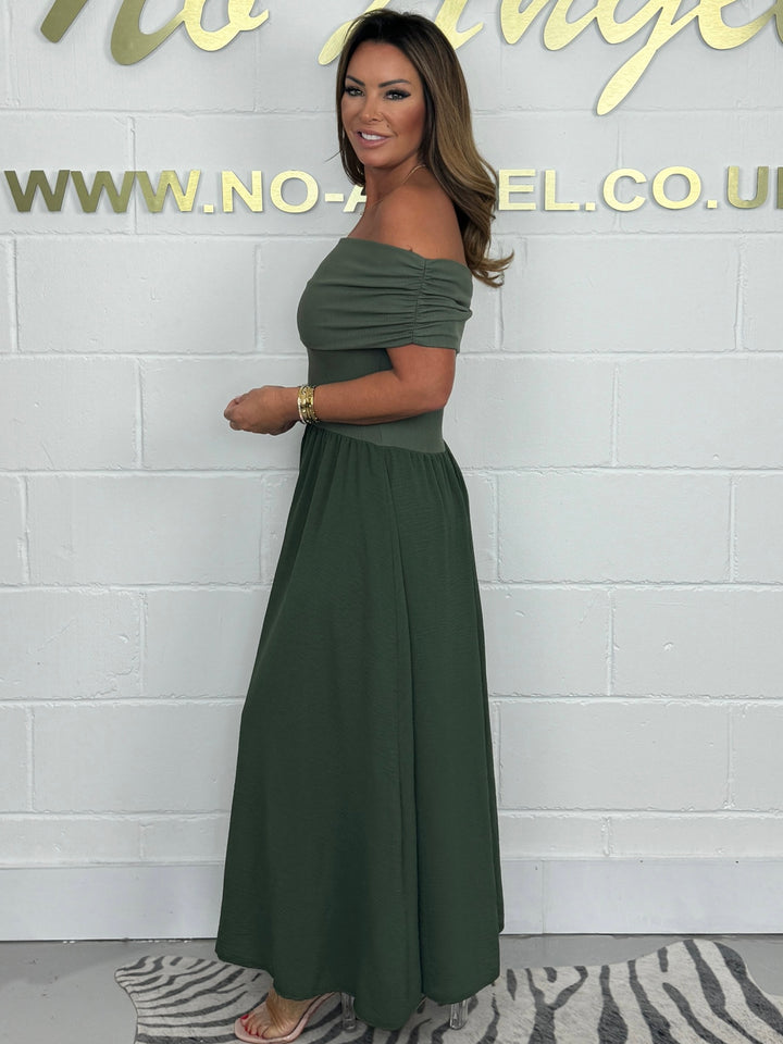 Flared Ribbed Top Fold Over Bardot Midi Dress