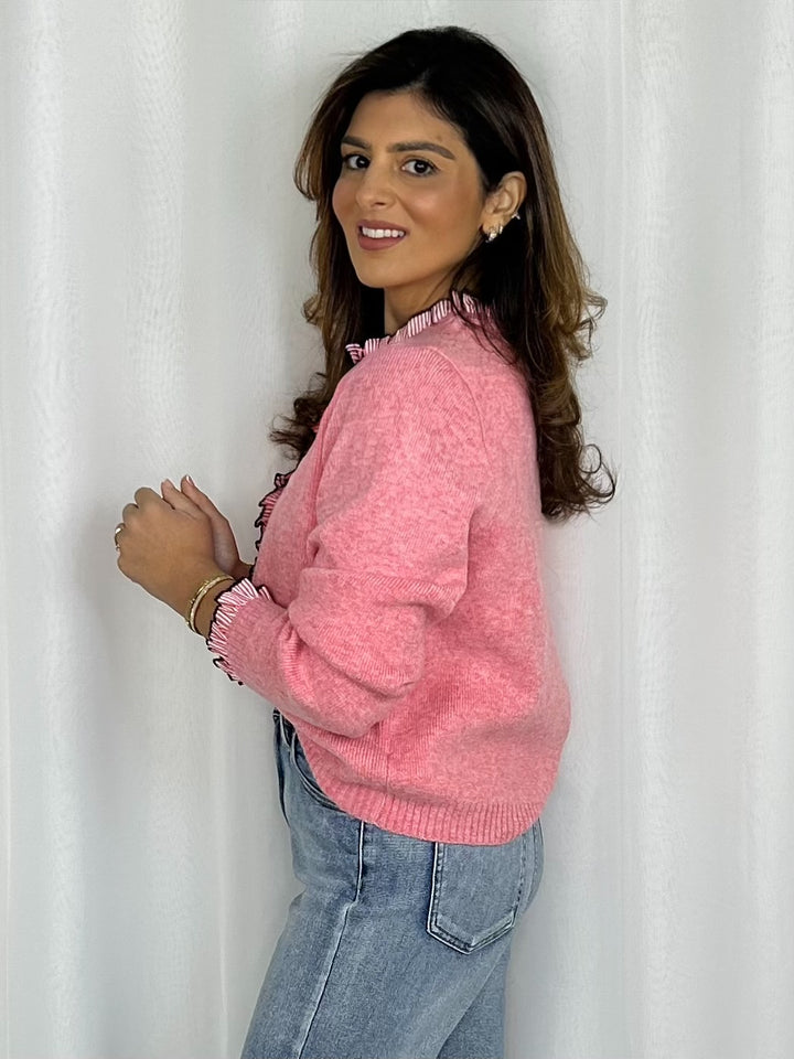 Pinstripe Black Trim Frill Cardigan (4 Colours)