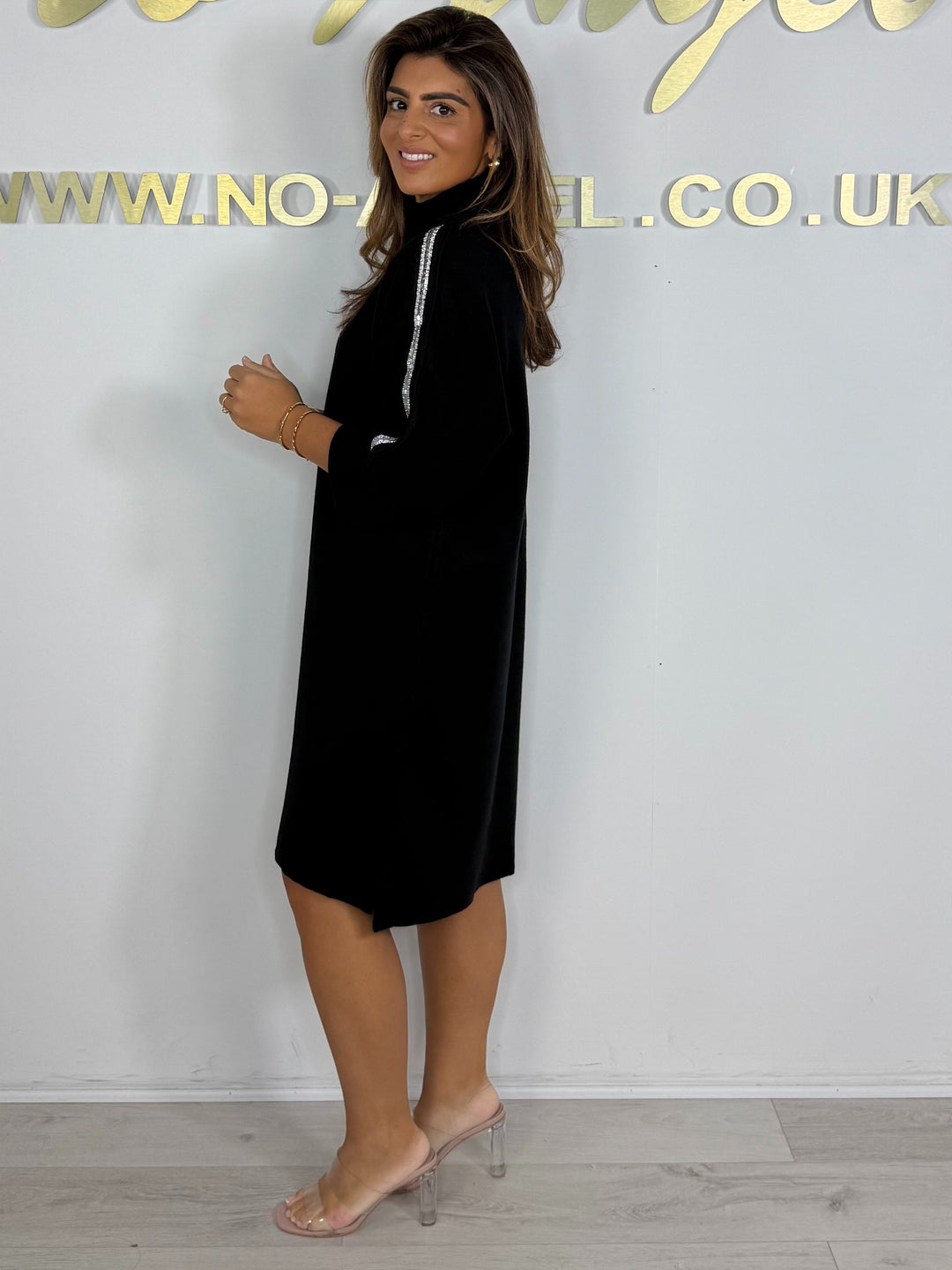Turtle Neck Diamante Strip Flat Knit Dress (5 Colours)