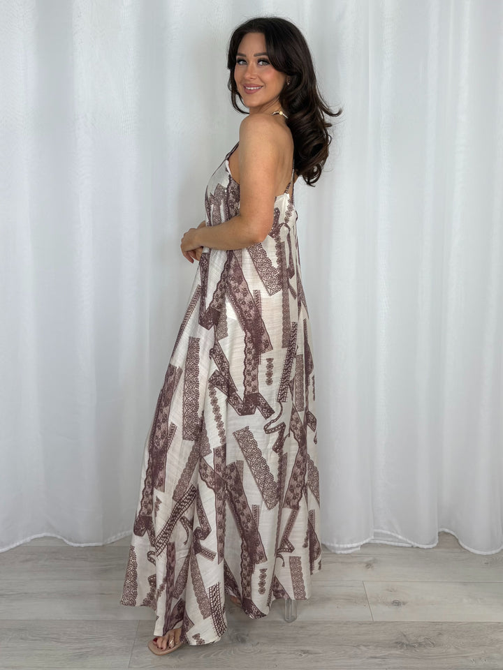 V-Neck Beaded Strap Lace Print Dress