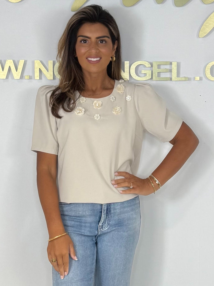 Short Puff Sleeve Sequin Flower Detail Top (4 Colours)