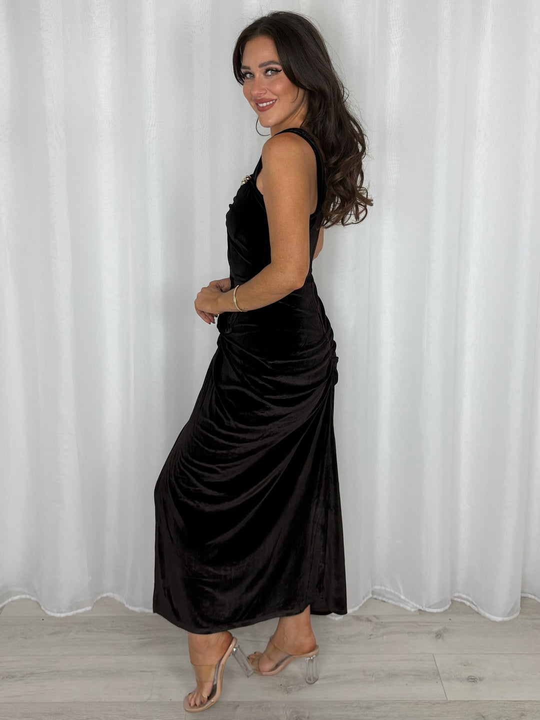 Gold Detail Ruched Velvet Maxi Dress