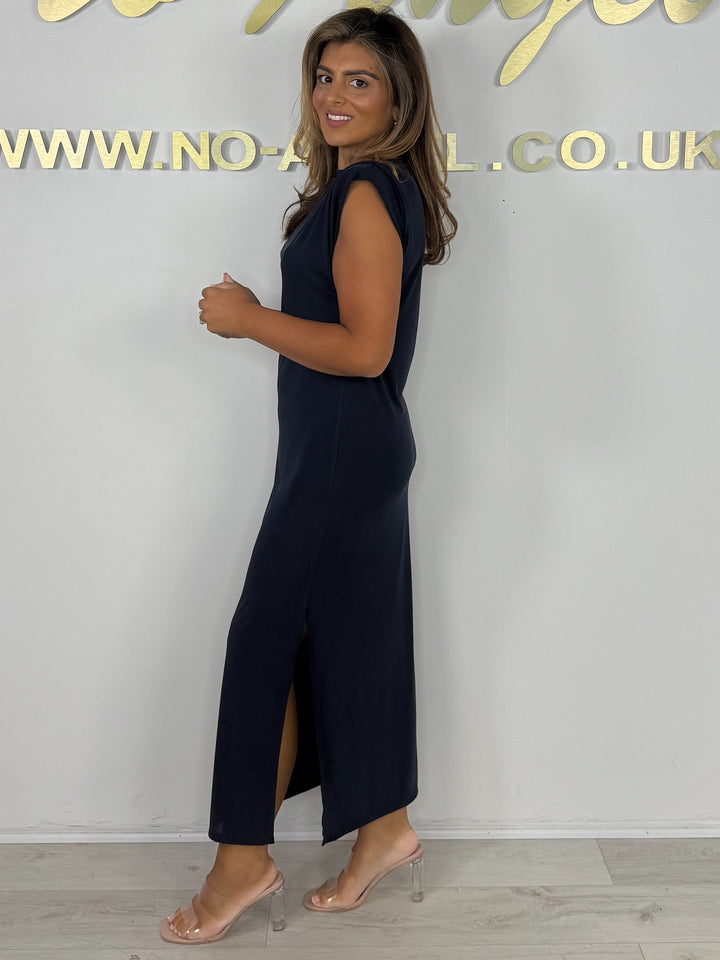Round Neck Shoulder Pad Side Split Midi Dress (6 Colours)