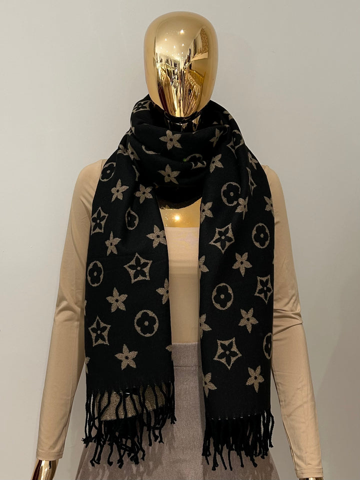 Black Reversible Shimmer Tassel Detail Small Flower Print Scarf