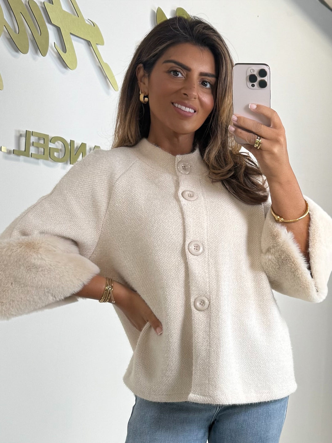 Textured Faux Fur Cuff Sleeve Cape Style Jacket (7 Colours)