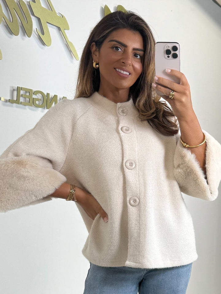 Textured Faux Fur Cuff Sleeve Cape Style Jacket (7 Colours)