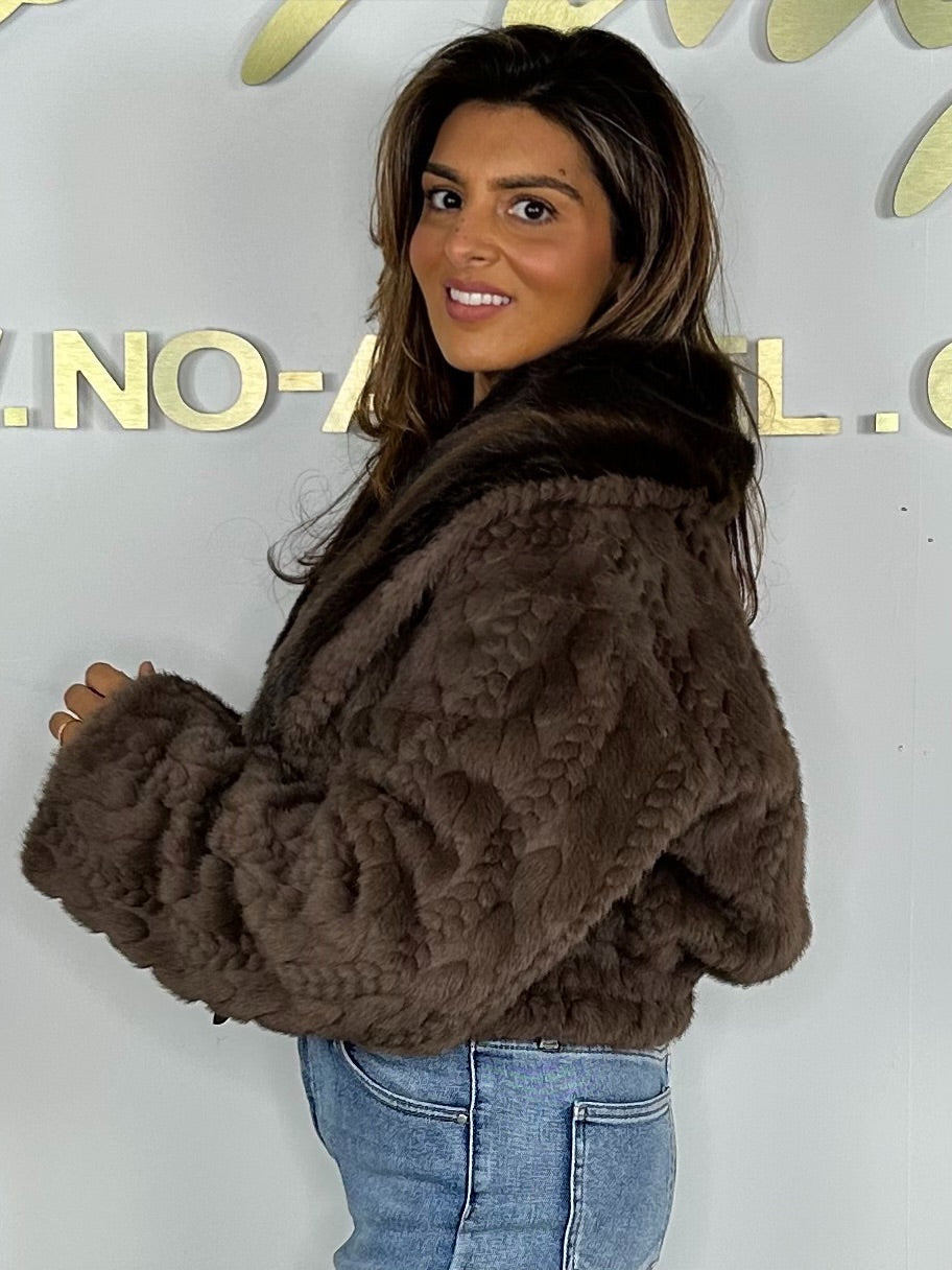 Cable Knit Faux Fur Collared Belted Cropped Jacket