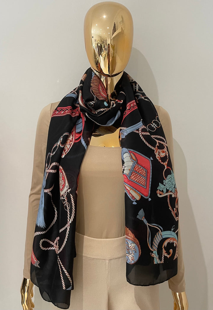 Tassel & Chain Silky Patterned Scarf (3 Colours )