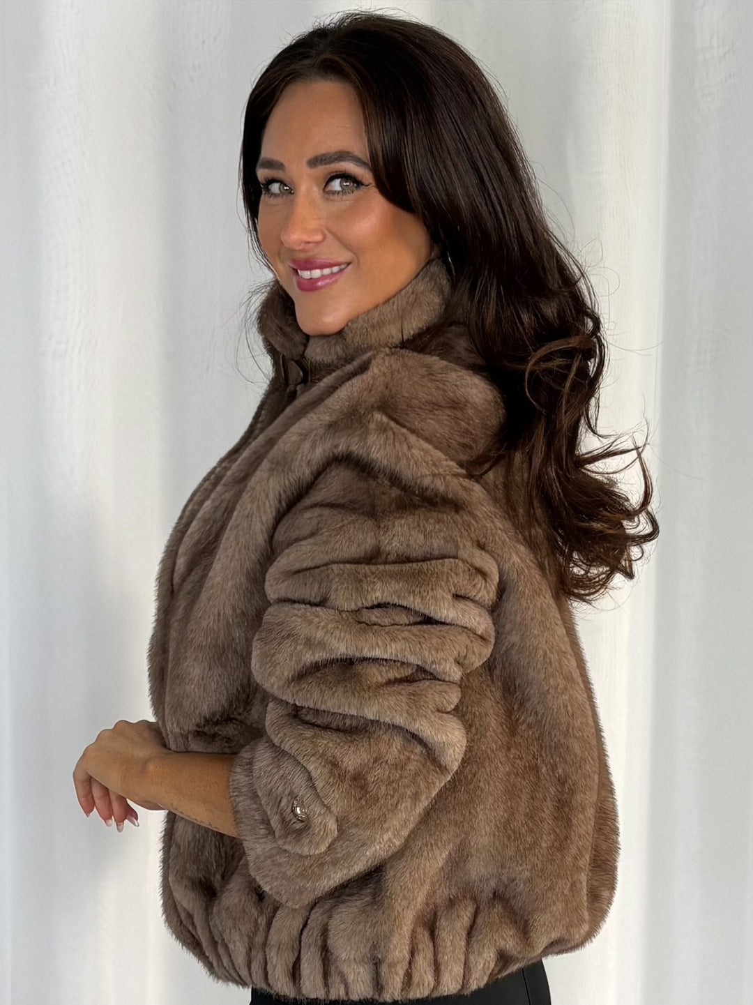 Faux Fur Funnel Neck Belt Collar With Gold Button Detail Jacket (2 Colours)