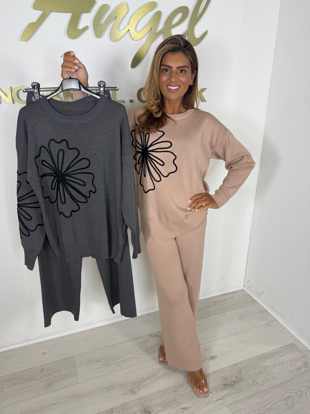 Soft Knit Round Neck Flower Embossed Trouser Co-ord (2 Colours)