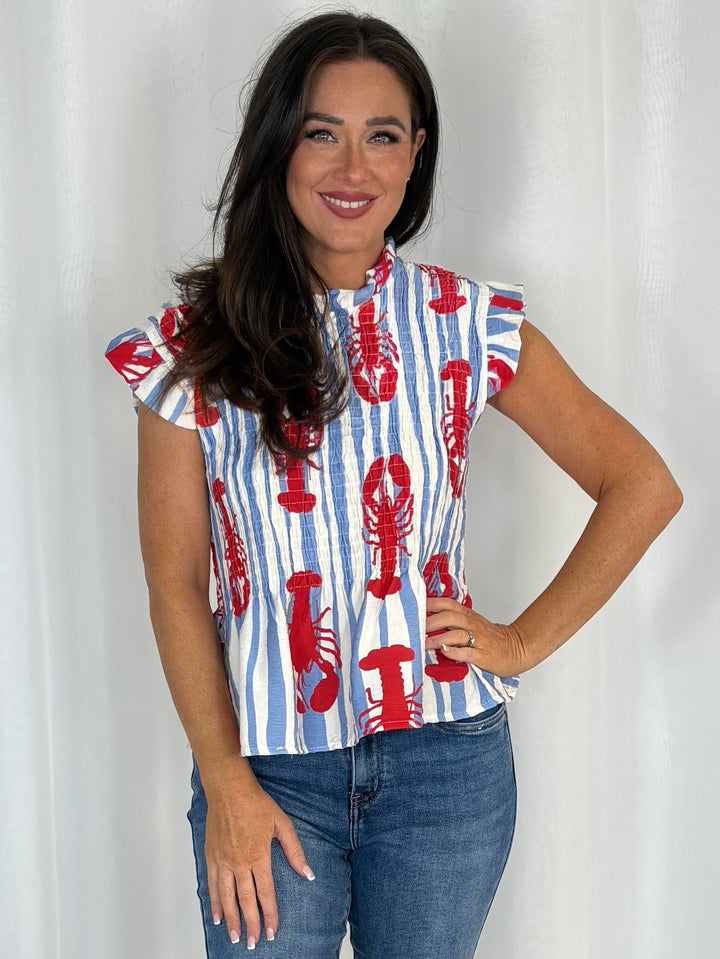Smocked Cap Sleeve Lobster Print Top
