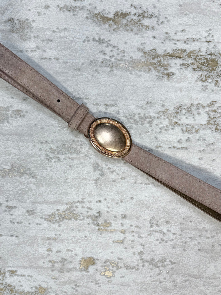 Large Gold Oval Buckle Suedette Belt