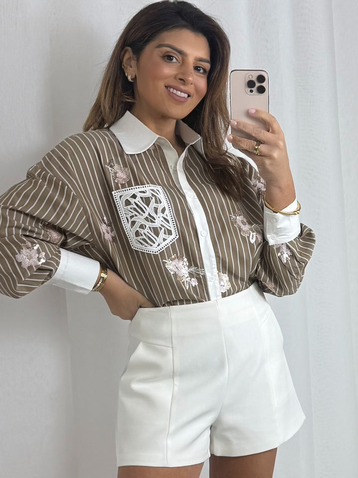 Brown/White Stripe Flower Sequin White Trim Shirt