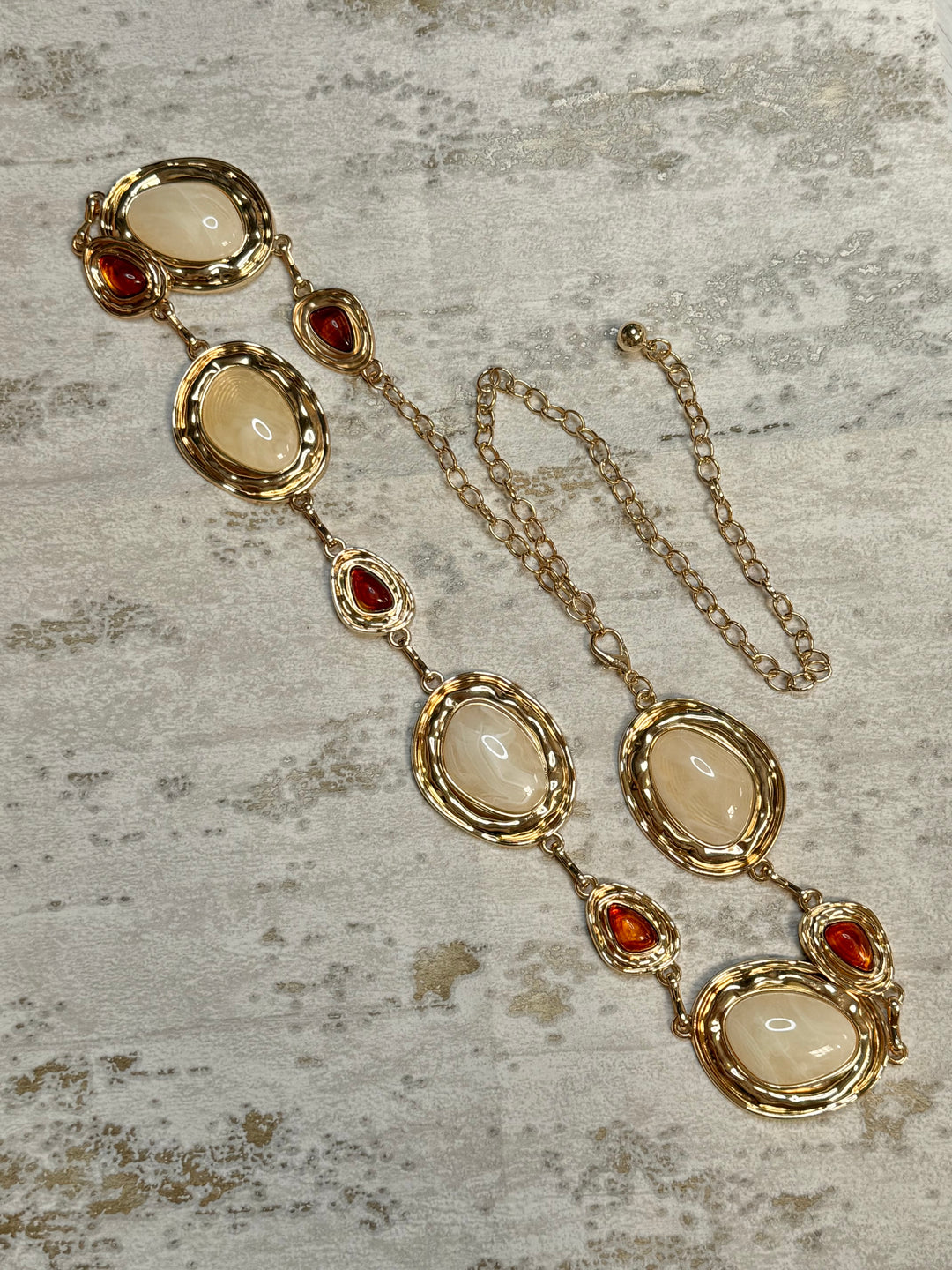 Marble And Brown Stone Belt With Gold Chain