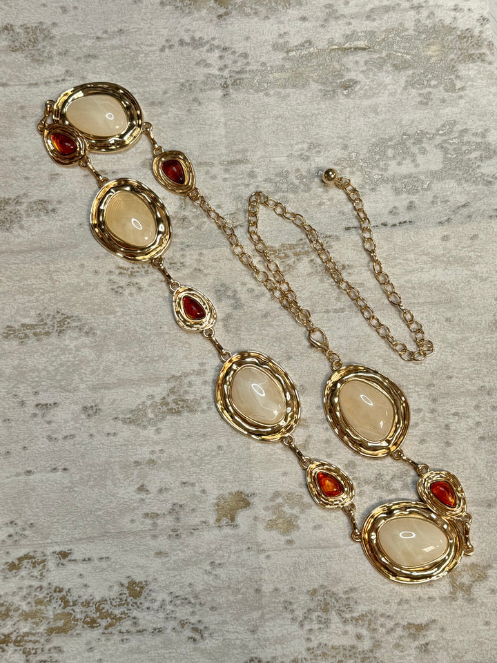 Marble And Brown Stone Belt With Gold Chain