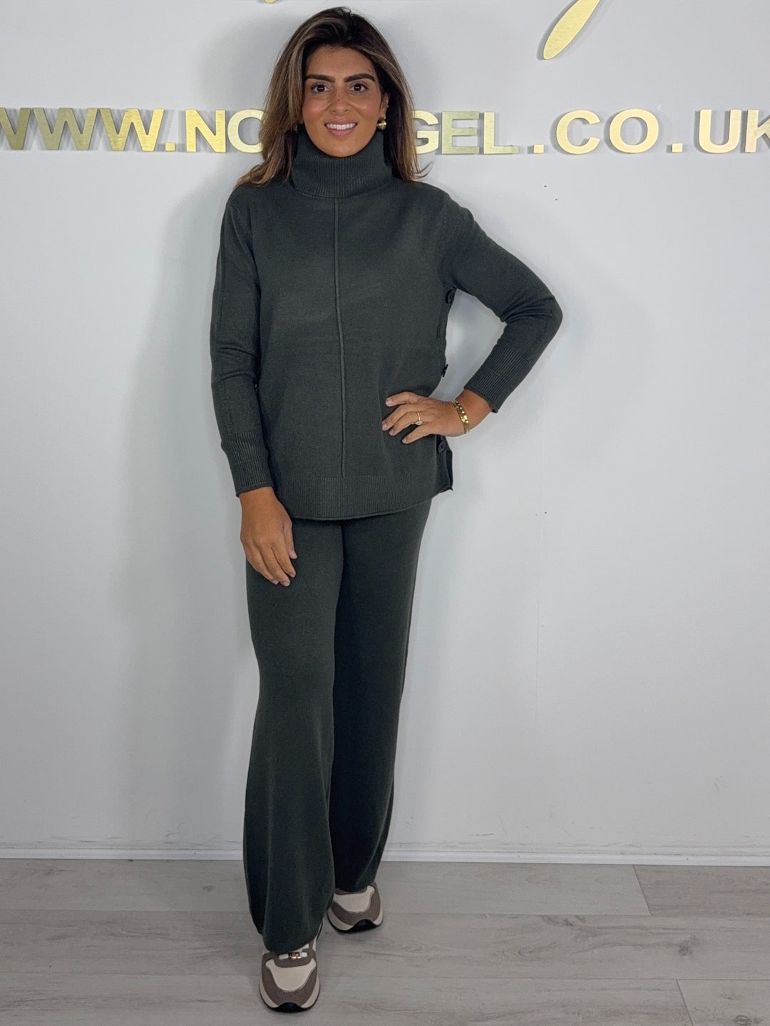 Roll Neck Soft Knit Black Side Button Detail Trouser Co-ord (6 Colours)