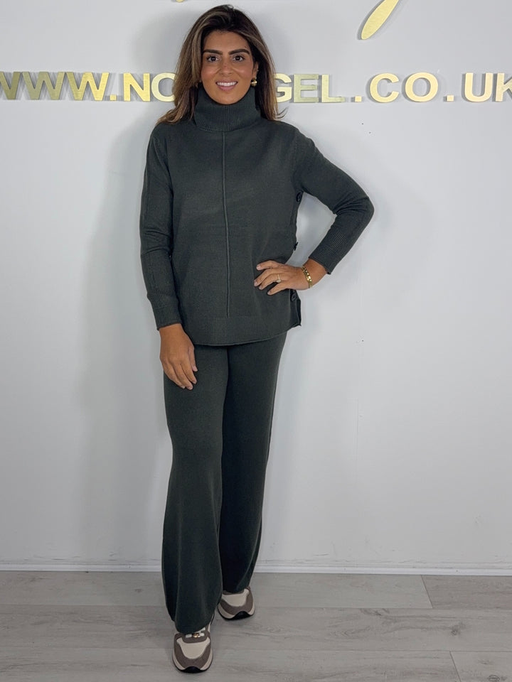 Roll Neck Soft Knit Black Side Button Detail Trouser Co-ord (6 Colours)