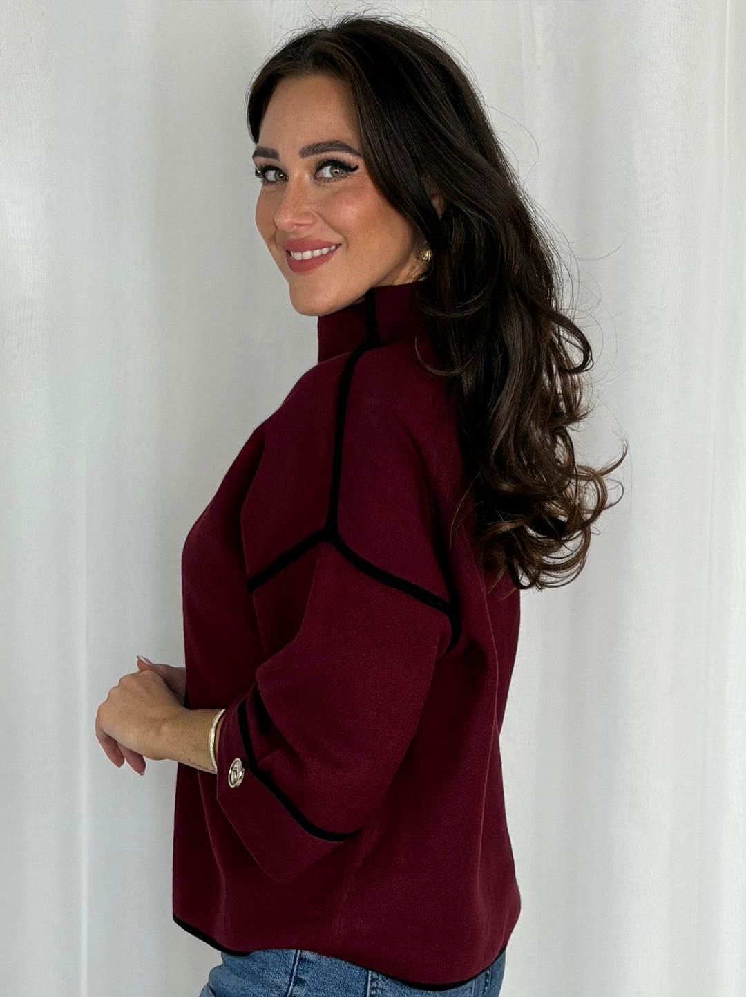 Contrast Trim High Neck Gold Button Detail Top (5 Colours)