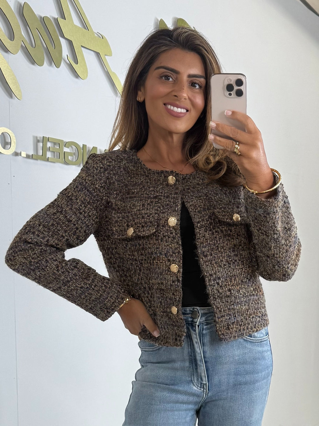 Brown Fleck Knit Gold Button Blazer