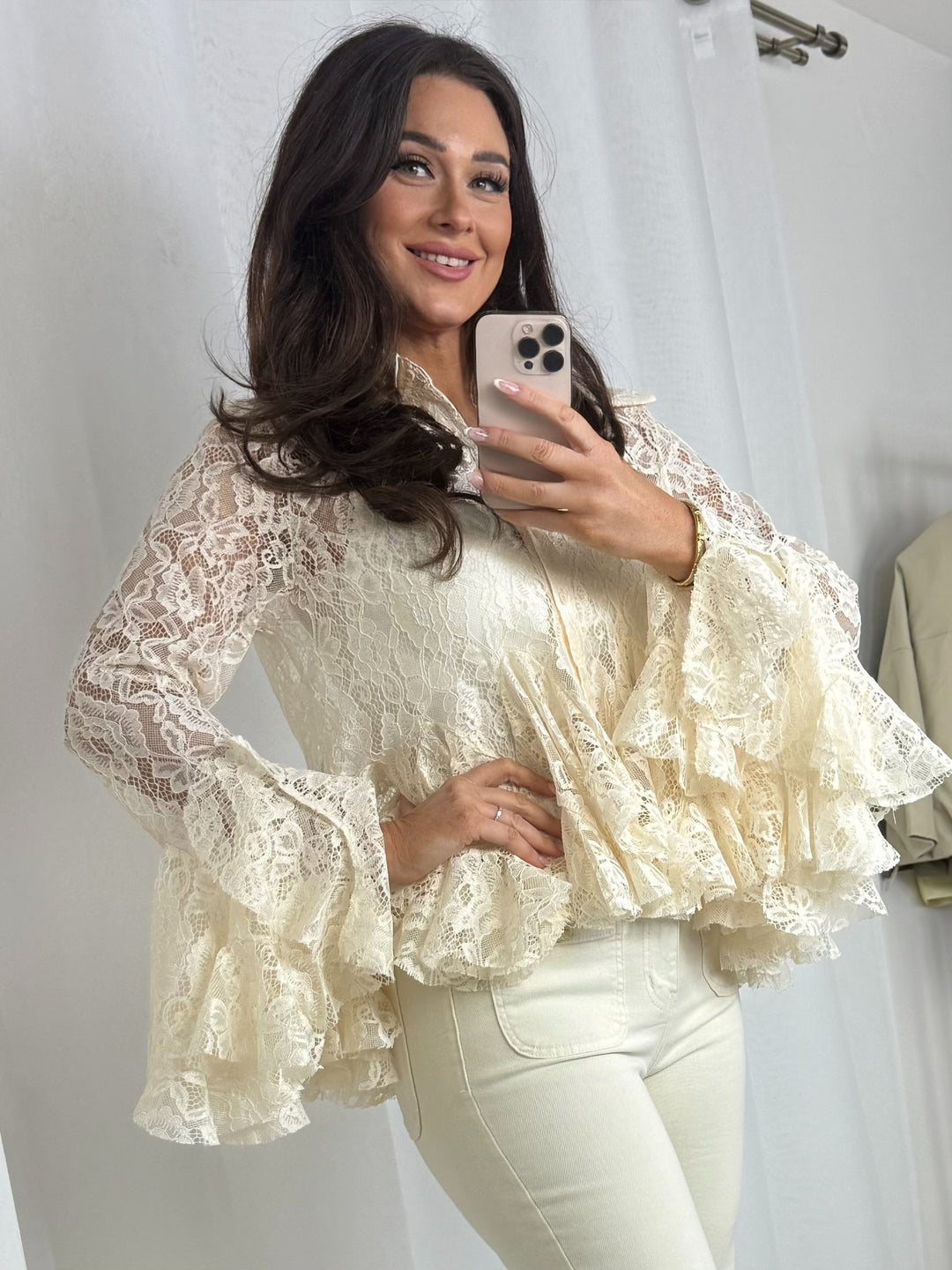 Lace Collared High Low Peplum Bell Sleeve Shirt (2 Colours)