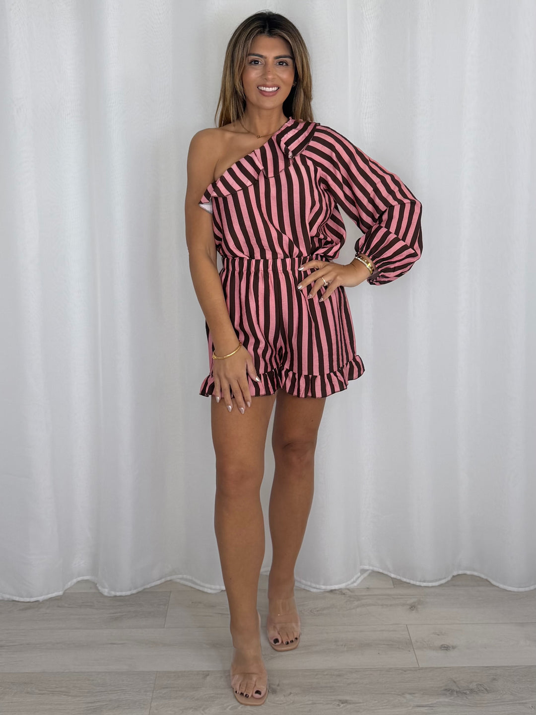 Striped One Shoulder Frill Trim Shorts Co-Ord (5 Colours)