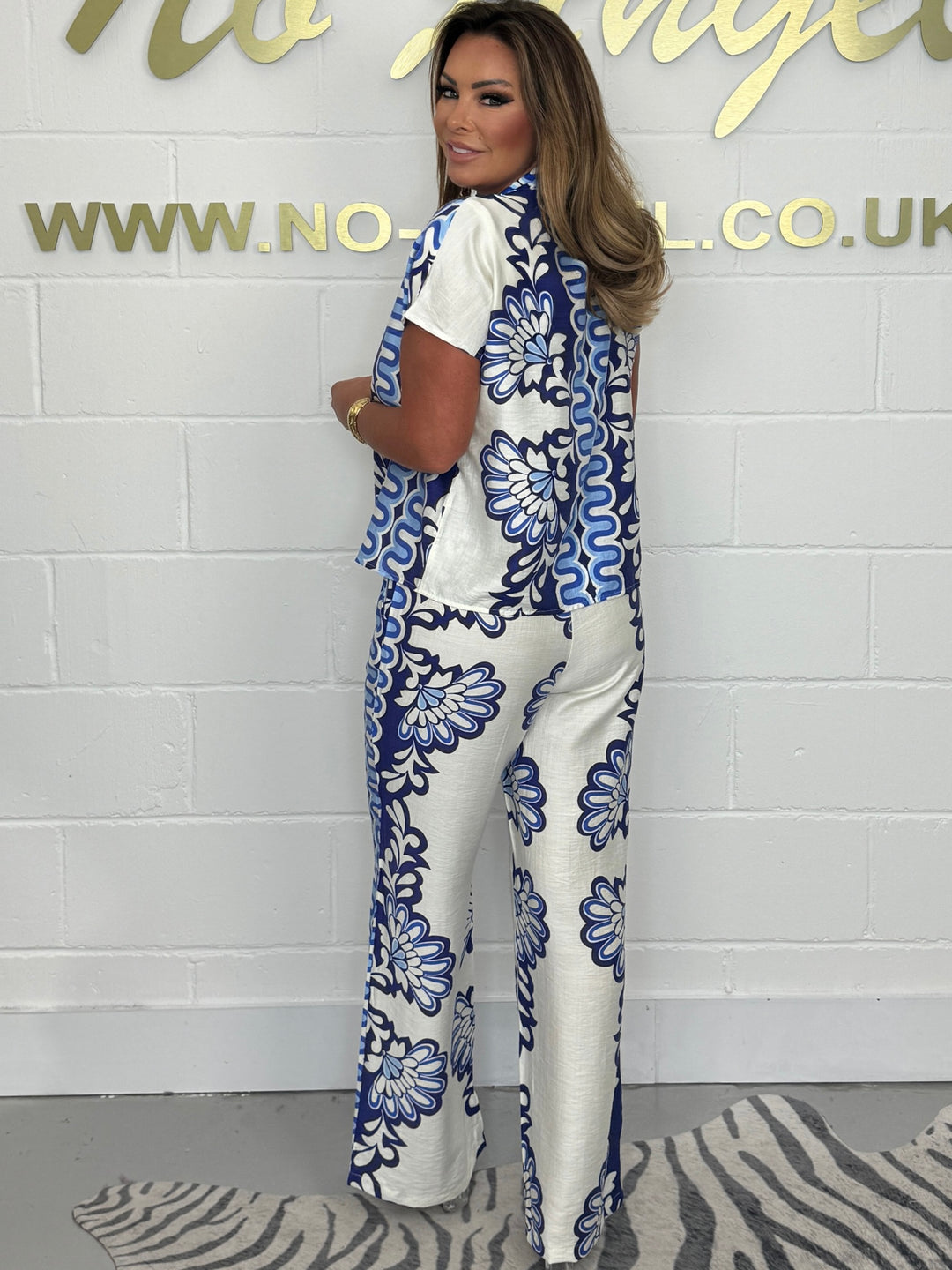 Blue & White Printed Shirt & Trouser Co-Ord