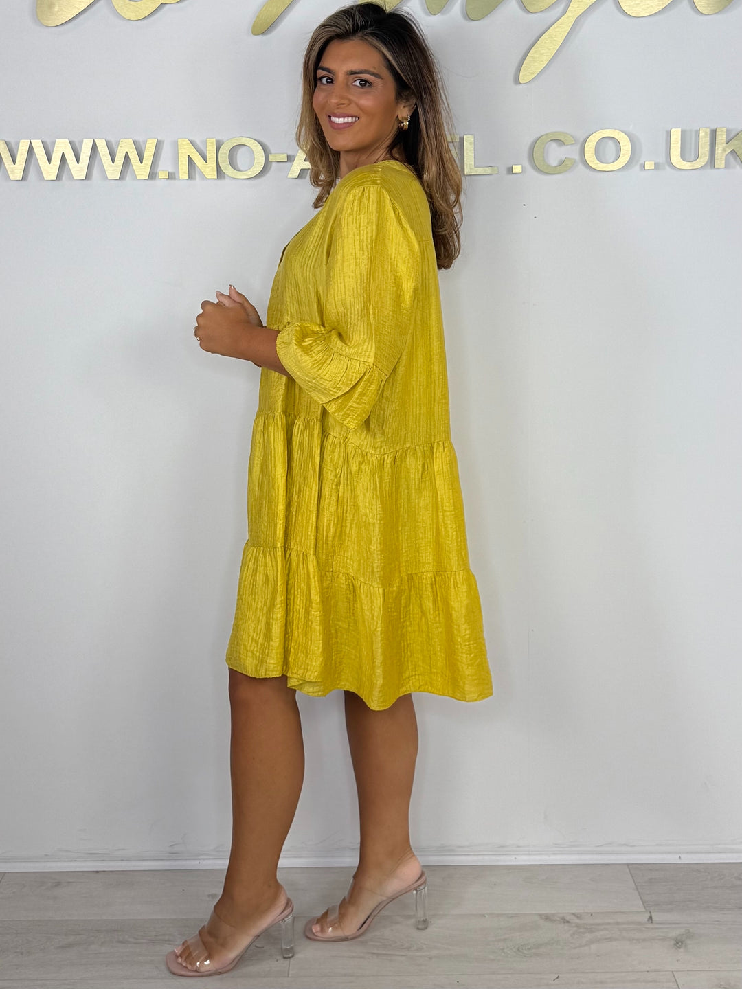 Button V-Neck Tiered Bell Sleeve Swing Dress (4 Colours)