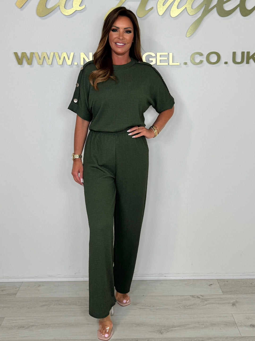 Short Sleeve Gold Button Crinkle Top & Trouser Co-Ord (6 Colours)