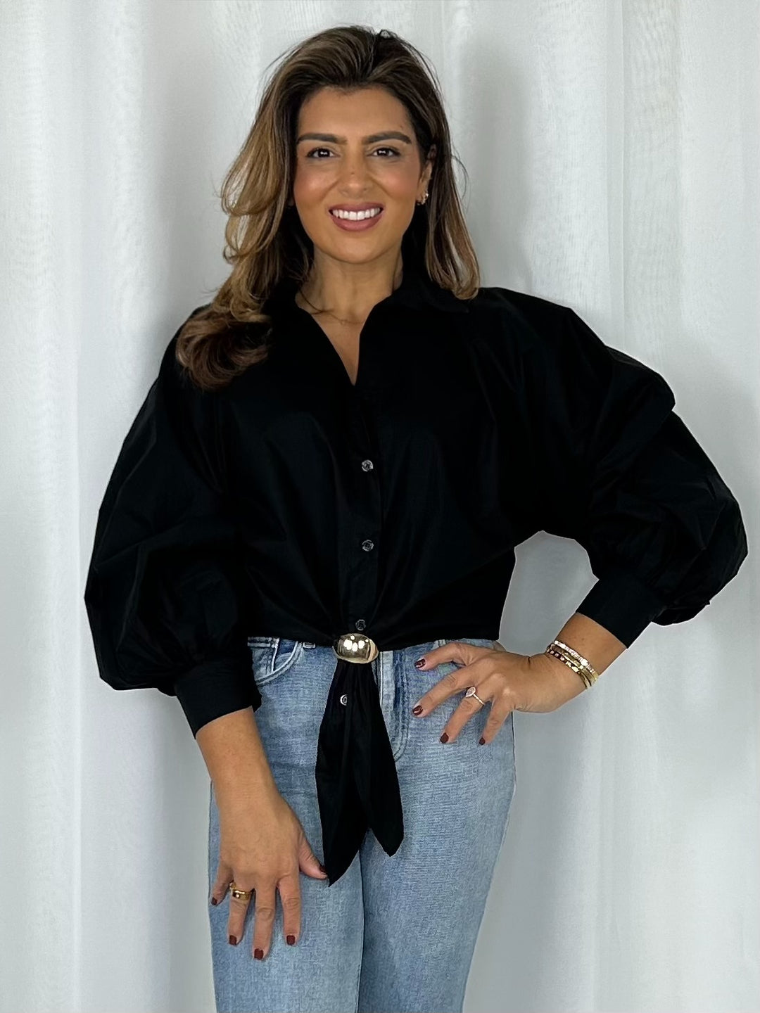 Collared Balloon Sleeve Gold Hardware Tie Front Shirt (4 Colours)