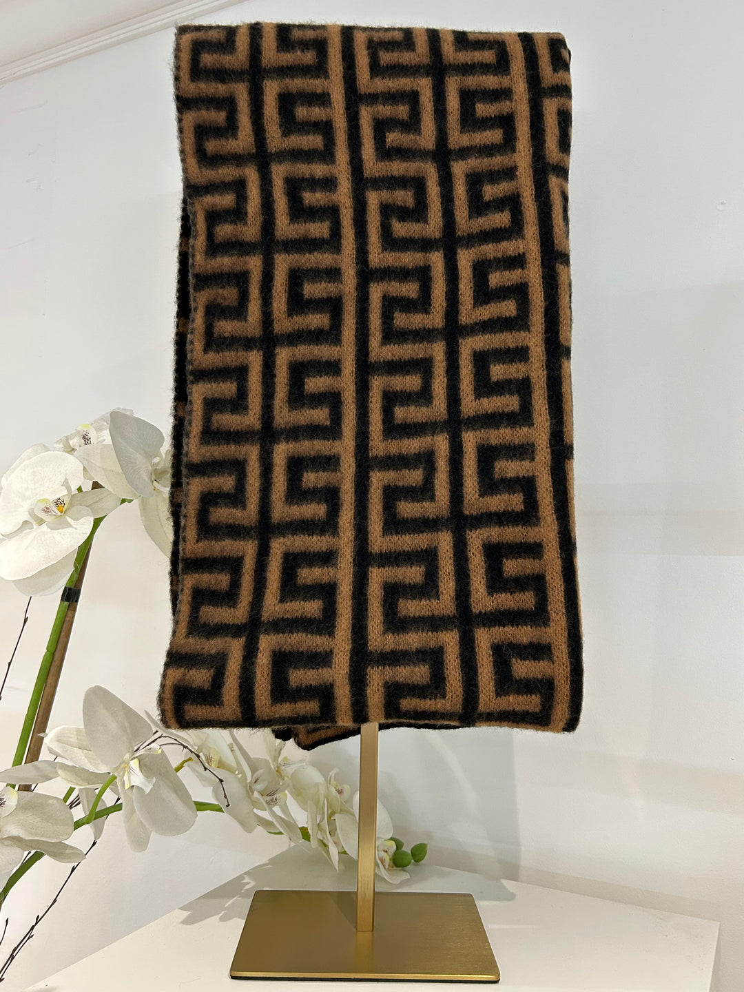 Camel & Black Patterned Scarf